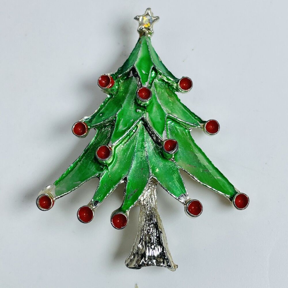 Vintage Christmas Tree Brooch Pin Green Enamel Red Rhinestones Silver Tone